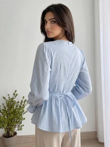 Solavon Women's Casual Solid Color Arabic Top - Blue - View 2