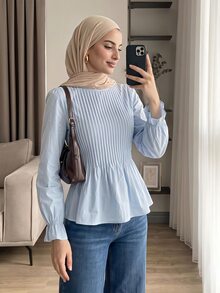 Solavon Women's Casual Solid Color Arabic Top - Blue - View 1
