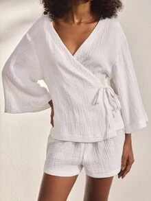 Ocili Comfortable Pure Cotton Casual Lace-Up Long Sleeve Shorts Women's Loungewear Set - White - View 2