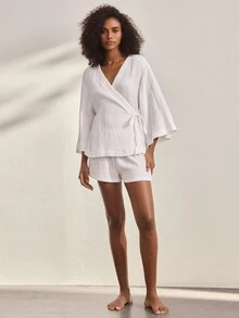 Ocili Comfortable Pure Cotton Casual Lace-Up Long Sleeve Shorts Women's Loungewear Set - White - View 4