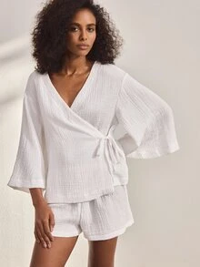 Ocili Comfortable Pure Cotton Casual Lace-Up Long Sleeve Shorts Women's Loungewear Set - White - View 5
