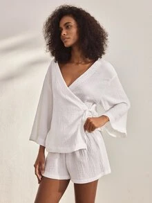 Ocili Comfortable Pure Cotton Casual Lace-Up Long Sleeve Shorts Women's Loungewear Set - White - View 6