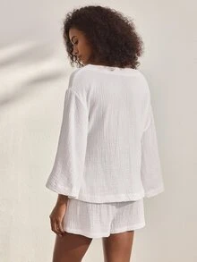 Ocili Comfortable Pure Cotton Casual Lace-Up Long Sleeve Shorts Women's Loungewear Set - White - View 3