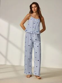 EverLounge Women's Bow Heart Print Sweet Ruffle Trim Pajama Set - Multicolor - View 2