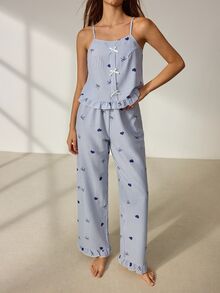 EverLounge Women's Bow Heart Print Sweet Ruffle Trim Pajama Set - Multicolor - View 6