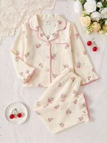SHEIN 女童可愛休閒針織粉色花卉圖案長袖居家服套裝 - 粉色 - 查看 4