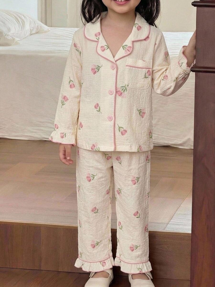 SHEIN 女童可愛休閒針織粉色花卉圖案長袖居家服套裝 - 粉色 - 查看 1