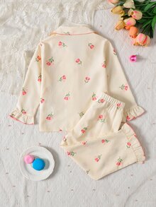 SHEIN 女童可愛休閒針織粉色花卉圖案長袖居家服套裝 - 粉色 - 查看 3