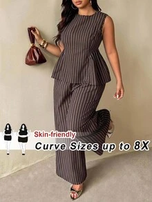 SHEIN CURVE+ 大尺碼 US 22 棕色條紋兩件套西裝套裝，荷葉邊上衣 + 西裝長褲 - 棕色 - 查看 1
