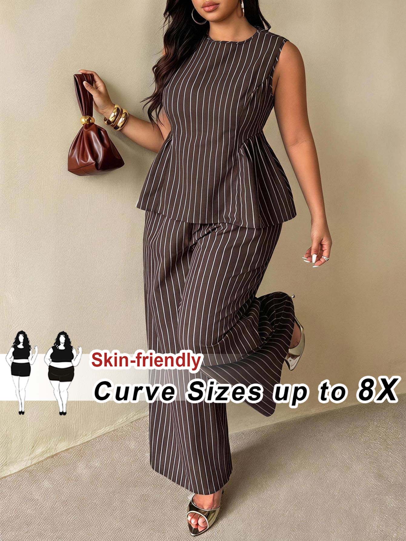 SHEIN CURVE+ 大尺碼 US 22 棕色條紋兩件套西裝套裝,荷葉邊上衣 + 西裝長褲 - 棕色 - 查看 1