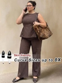 SHEIN CURVE+ 大尺碼 US 22 棕色條紋兩件套西裝套裝，荷葉邊上衣 + 西裝長褲 - 棕色 - 查看 2