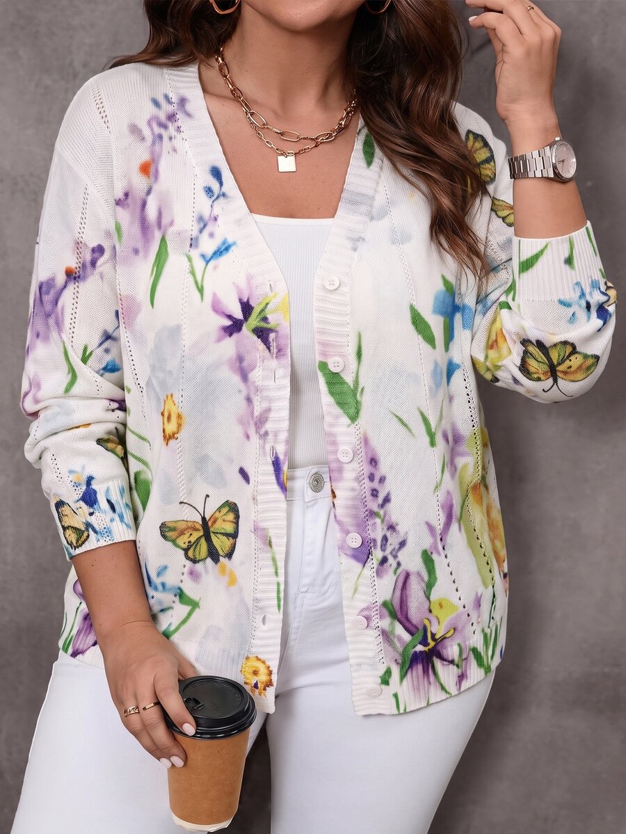 EMERY ROSE Plus Size Women's Butterfly Pattern Casual Daily Cardigan - Apricot - View 1