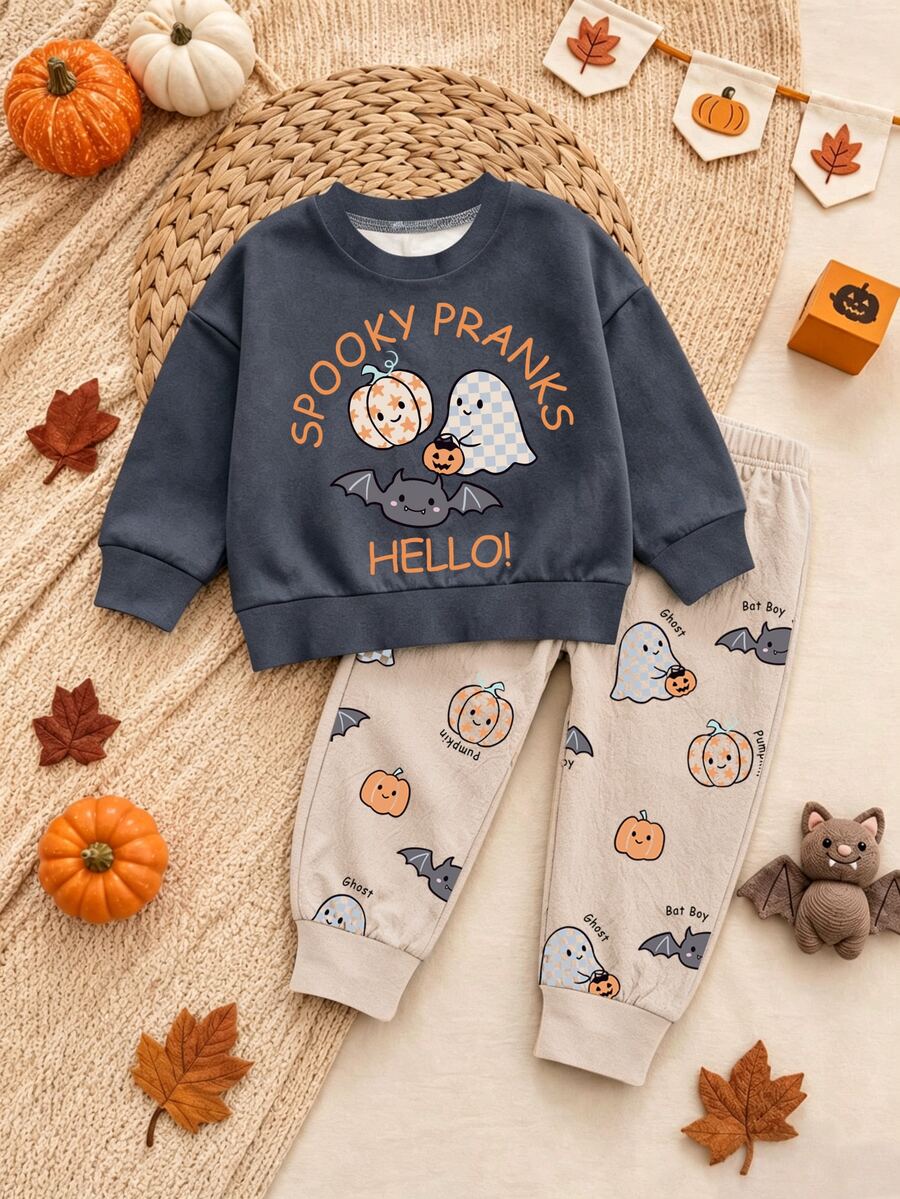 SHEIN Baby Boy Casual Comfortable Crew Neck Autumn Sweatshirt Set, Halloween Party Theme, Gathering, Holiday Outfit Halloween - Multicolor - View 1