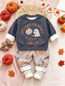 SHEIN Baby Boy Casual Comfortable Crew Neck Autumn Sweatshirt Set, Halloween Party Theme, Gathering, Holiday Outfit Halloween - Multicolor - View 5