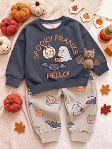 SHEIN Baby Boy Casual Comfortable Crew Neck Autumn Sweatshirt Set, Halloween Party Theme, Gathering, Holiday Outfit Halloween - Multicolor - View 3