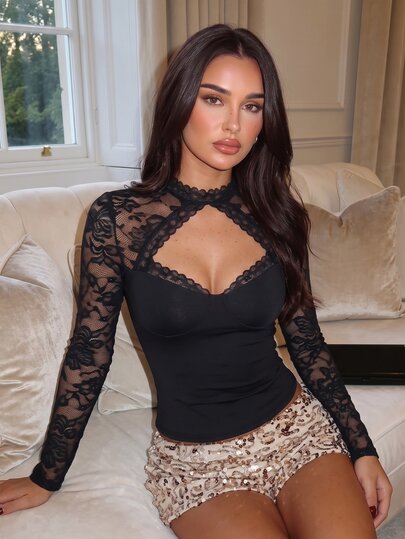 Allurite Sexy Hot Girl Solid Color Contrast Lace High Neck Cutout Front Lace Trim Women's T-Shirt Halloween Night Club Black Autumn