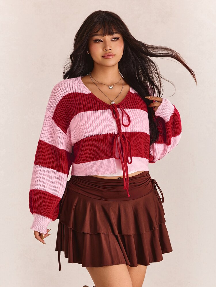 CovetEZ Autumn/Winter Christmas Red & Pink Contrast Bowknot Casual Plus Size Cardigan For Girls - Multicolor - View 5