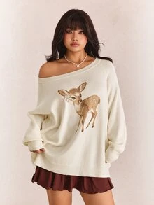 CovetEZ 秋冬新款聖誕鹿圖案休閒不對稱領大尺碼套頭毛衣 - 彩色 - 查看 3