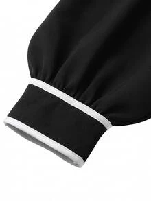 GlowEve CURVE Plus Size Women's Elegant Commute V-Neck Black & White Bow Design Ruched Waist A-Line Hem Long Sleeve Blouse, Spring/Autumn Fall - Black and White - View 9