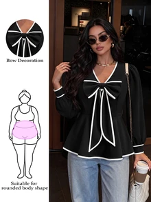 GlowEve CURVE Plus Size Women's Elegant Commute V-Neck Black & White Bow Design Ruched Waist A-Line Hem Long Sleeve Blouse, Spring/Autumn Fall - Black and White - View 2
