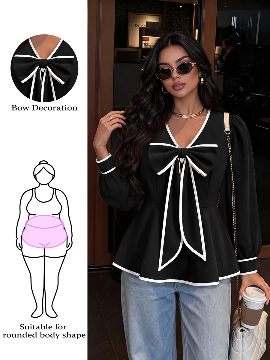 GlowEve CURVE Plus Size Women's Elegant Commute V-Neck Black & White Bow Design Ruched Waist A-Line Hem Long Sleeve Blouse, Spring/Autumn Fall