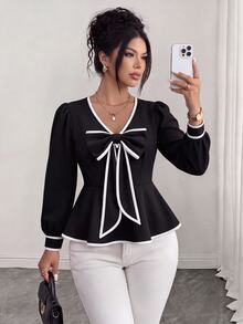 GlowEve CURVE Plus Size Women's Elegant Commute V-Neck Black & White Bow Design Ruched Waist A-Line Hem Long Sleeve Blouse, Spring/Autumn Fall - Black and White - View 10