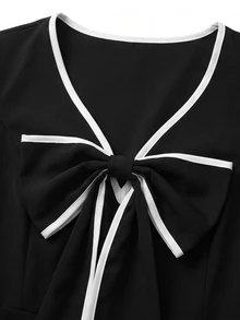 GlowEve CURVE Plus Size Women's Elegant Commute V-Neck Black & White Bow Design Ruched Waist A-Line Hem Long Sleeve Blouse, Spring/Autumn Fall - Black and White - View 6