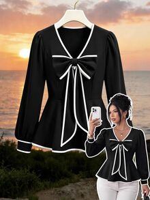 GlowEve CURVE Plus Size Women's Elegant Commute V-Neck Black & White Bow Design Ruched Waist A-Line Hem Long Sleeve Blouse, Spring/Autumn Fall - Black and White - View 4