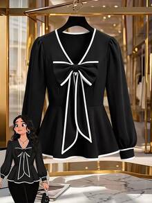 GlowEve CURVE Plus Size Women's Elegant Commute V-Neck Black & White Bow Design Ruched Waist A-Line Hem Long Sleeve Blouse, Spring/Autumn Fall - Black and White - View 11