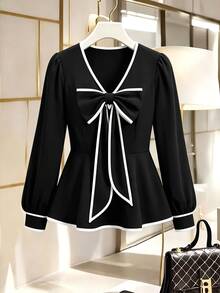 GlowEve CURVE Plus Size Women's Elegant Commute V-Neck Black & White Bow Design Ruched Waist A-Line Hem Long Sleeve Blouse, Spring/Autumn Fall - Black and White - View 5