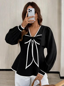 GlowEve CURVE Plus Size Women's Elegant Commute V-Neck Black & White Bow Design Ruched Waist A-Line Hem Long Sleeve Blouse, Spring/Autumn Fall - Black and White - View 8