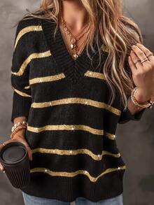 SHEIN Fall Daily Style V Neck Two Tone Stripe Drop Shoulder Knit Top - Multicolor - View 3