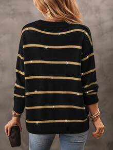 SHEIN Fall Daily Style V Neck Two Tone Stripe Drop Shoulder Knit Top - Multicolor - View 2