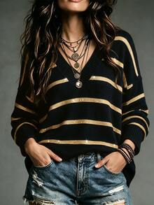 SHEIN Fall Daily Style V Neck Two Tone Stripe Drop Shoulder Knit Top - Multicolor - View 8