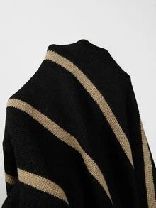 SHEIN Fall Daily Style V Neck Two Tone Stripe Drop Shoulder Knit Top - Multicolor - View 6
