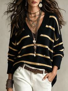 SHEIN Fall Daily Style V Neck Two Tone Stripe Drop Shoulder Knit Top - Multicolor - View 7