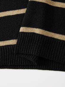 SHEIN Fall Daily Style V Neck Two Tone Stripe Drop Shoulder Knit Top - Multicolor - View 4