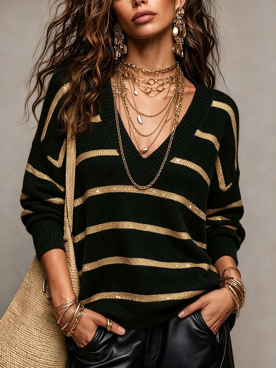 SHEIN Fall Daily Style V Neck Two Tone Stripe Drop Shoulder Knit Top - Multicolor - View 1