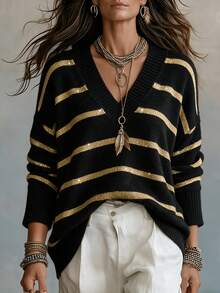 SHEIN Fall Daily Style V Neck Two Tone Stripe Drop Shoulder Knit Top - Multicolor - View 5
