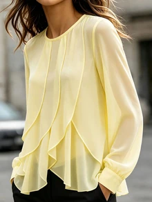 SHEIN Women's Autumn Elegant Commute Daily Tea Break Gathering Ruffle Yellow Long Sleeve Blouse - Yellow - View 4