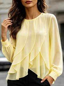 SHEIN Women's Autumn Elegant Commute Daily Tea Break Gathering Ruffle Yellow Long Sleeve Blouse - Yellow - View 5