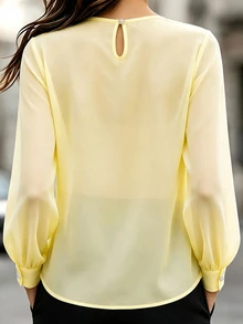 SHEIN Women's Autumn Elegant Commute Daily Tea Break Gathering Ruffle Yellow Long Sleeve Blouse - Yellow - View 3