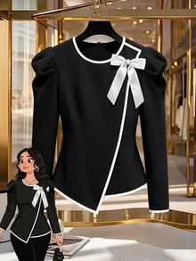 GlowEve CURVE Plus Size Women's Elegant Bowknot Decorated Button & Leg-Of-Gigot Sleeve Ruched Colorblock Patchwork Blouse, Suitable For Spring And Autumn Fall - Black and White - View 8