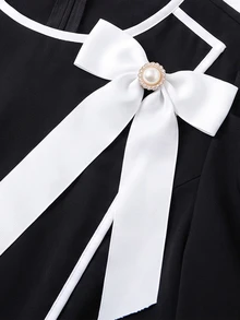 GlowEve CURVE Plus Size Women's Elegant Bowknot Decorated Button & Leg-Of-Gigot Sleeve Ruched Colorblock Patchwork Blouse, Suitable For Spring And Autumn Fall - Black and White - View 5