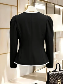 GlowEve CURVE Plus Size Women's Elegant Bowknot Decorated Button & Leg-Of-Gigot Sleeve Ruched Colorblock Patchwork Blouse, Suitable For Spring And Autumn Fall - Black and White - View 2