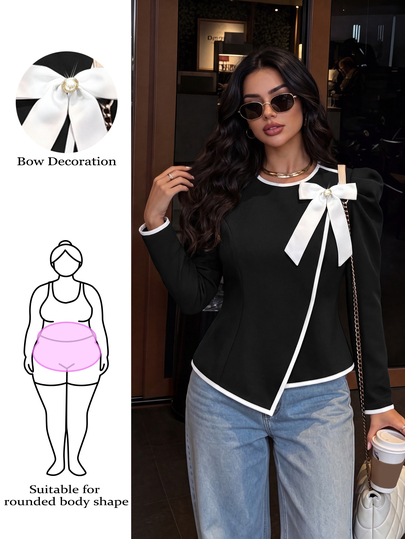 GlowEve CURVE Plus Size Women's Elegant Bowknot Decorated Button & Leg-Of-Gigot Sleeve Ruched Colorblock Patchwork Blouse, Suitable For Spring And Autumn Fall