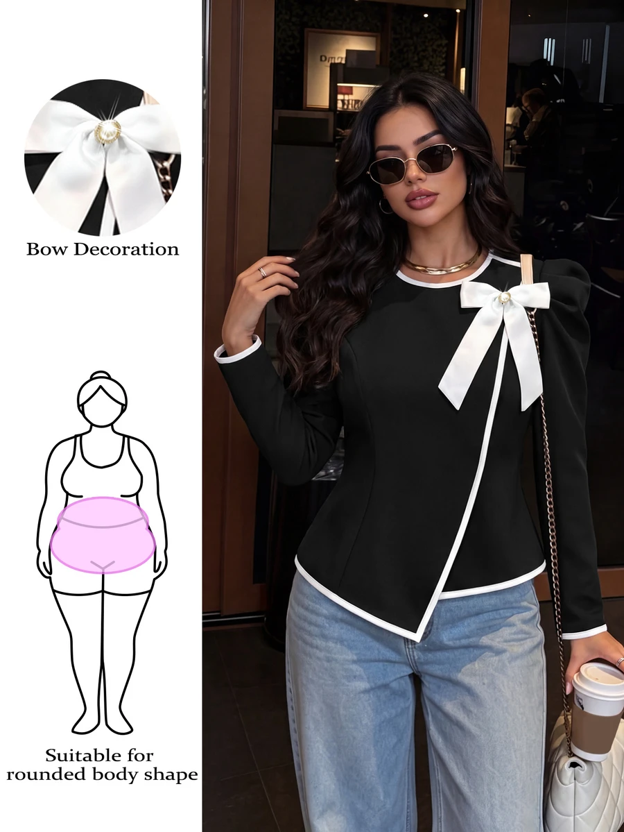 GlowEve CURVE Plus Size Women's Elegant Bowknot Decorated Button & Leg-Of-Gigot Sleeve Ruched Colorblock Patchwork Blouse, Suitable For Spring And Autumn Fall - Black and White - View 1