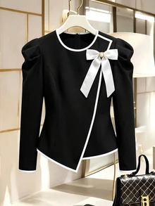 GlowEve CURVE Plus Size Women's Elegant Bowknot Decorated Button & Leg-Of-Gigot Sleeve Ruched Colorblock Patchwork Blouse, Suitable For Spring And Autumn Fall - Black and White - View 4