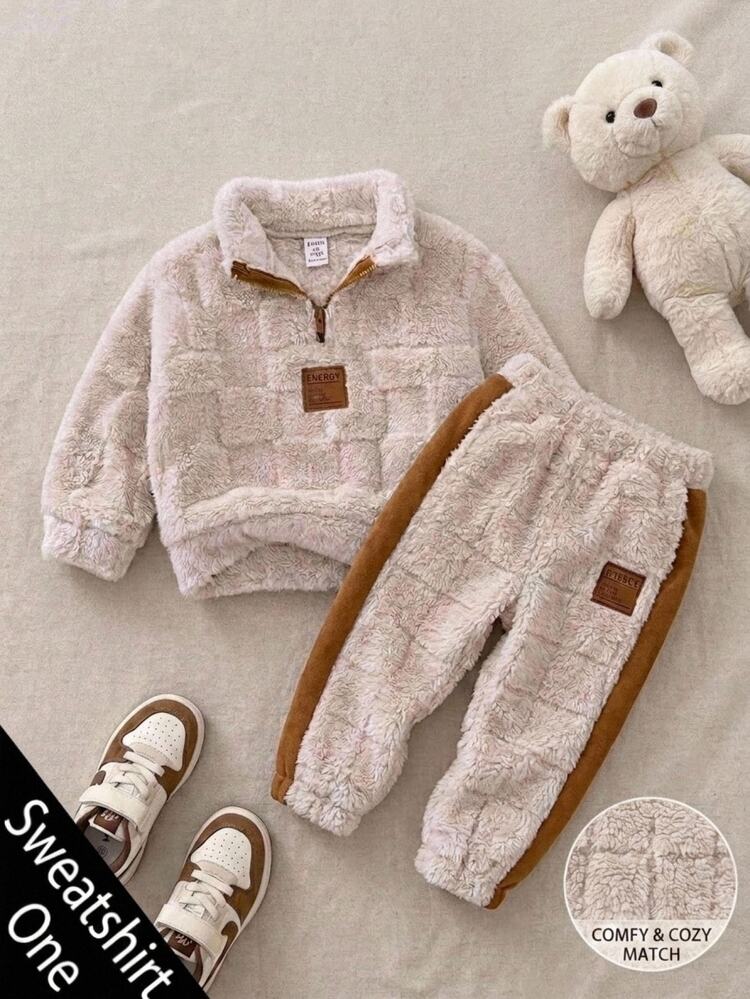 SHEIN Baby Boy Simple Patch Double-Sided Fleece Jacquard Patch Stand Collar Long Sleeve Half-Zip Winter Sweatshirt, Soft And Comfortable,Halloween Fall - Apricot - View 1