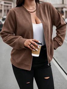 Easura Deep Brown Faux Suede Ribbed Collar Zip-Up Hooded Jacket, Vintage Plus Size Coat, Suitable For Daily Commute, Street Shopping And Autumn Casual Wear - Coffee Brown - View 5